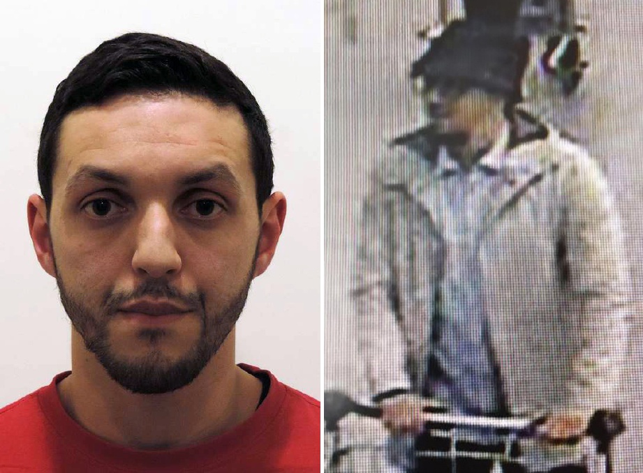 GAMBAR fail menunjukkan Mohamed selepas ditahan (kiri) dan rakaman kamera keselamatan yang menunjukkannya bertopi sejurus sebelum serangan di lapangan terbang Brussels.  - AFP