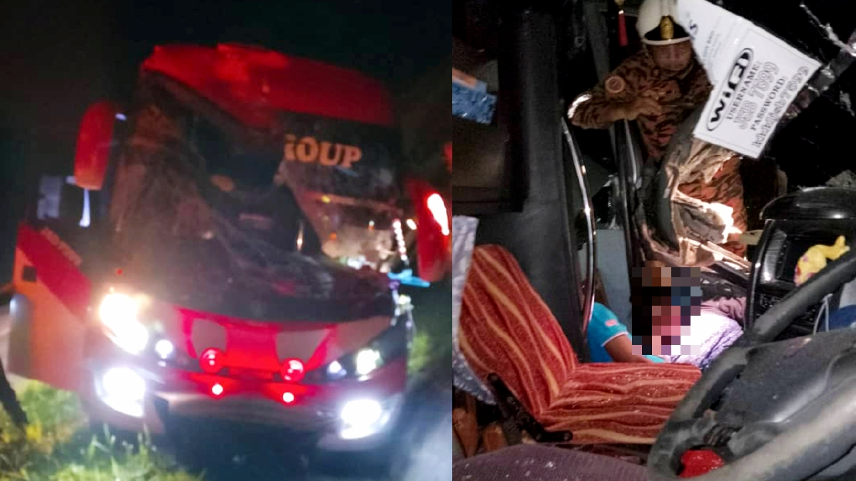 DUA mangsa cedera selepas bas ekspres terbabas di Lebuhraya Utara Selatan dekat Gopeng, Perak. FOTO Ihsan JBPM.