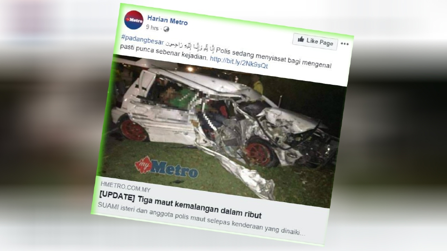 LAPORAN portal berita Harian Metro, hari ini mengenai kemalangan mengorbankan tiga mangsa ketika ribut melanda Perlis, malam tadi. 