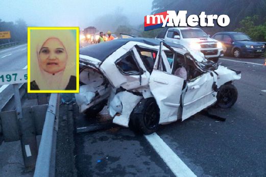 Mahizan (gambar kecil) maut dalam kemalangan empat kereta, pagi tadi. FOTO Shaiful Shahrin Ahmad Pauzi dan ihsan bomba