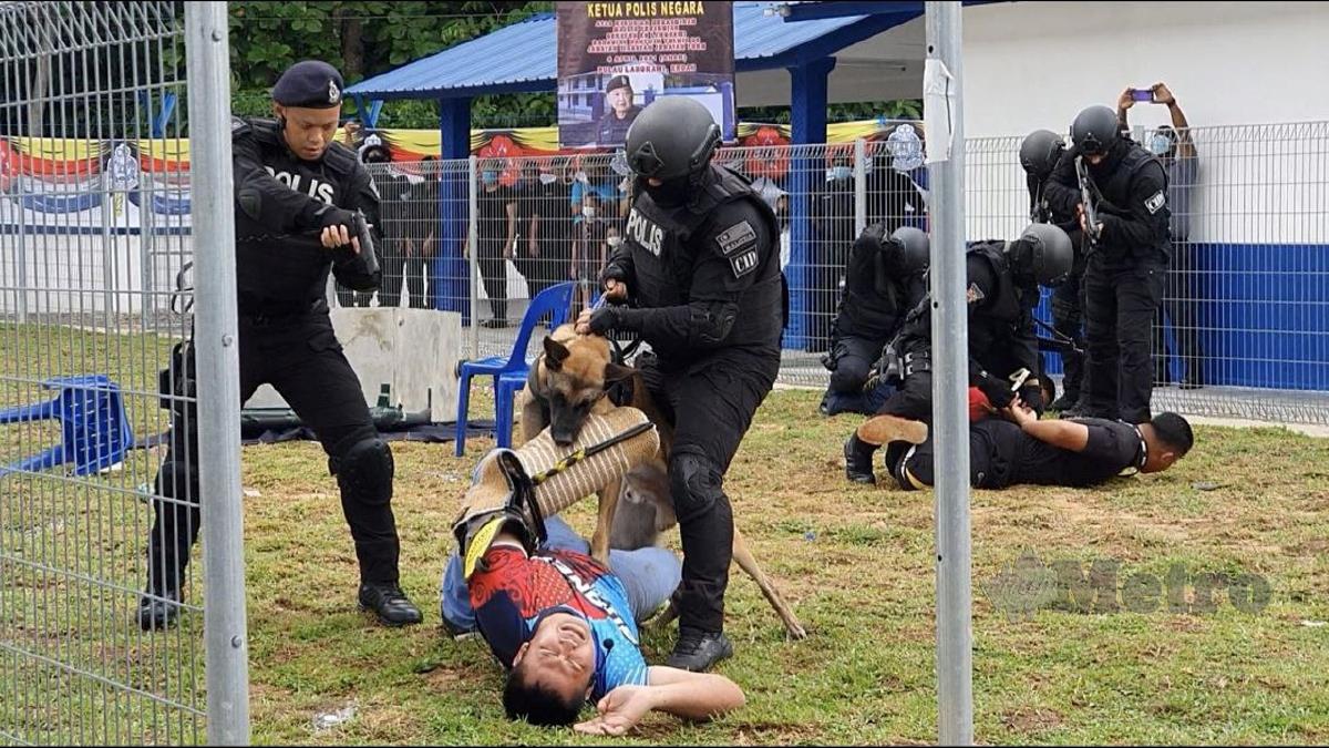 DEMONSTRASI ketangkasan anjing pengesan mewarnai Majlis Perasmian Seksyen K9 Langkawi. FOTO Hamzah Osman