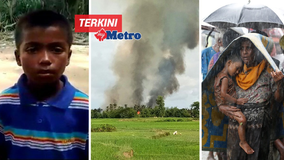 NURUL Islam (kiri) antara kanak-kanak yang trauma melihat ahli keluarga sendiri terbunuh. Gambar tengah menunjukkan kepulan asap dipercayai akibat kampungberhampiran Maungdaw yang dibakar manakala gambar kanak menunjukkan pelarian Rohingya dihalang Penguatkuasa Sempadan Bangladesh (BGB) selepas melepasi sempadan tanpa kebenaran di Teknaf. FOTO ihsan IReach MAPIM/AFP/Reuters