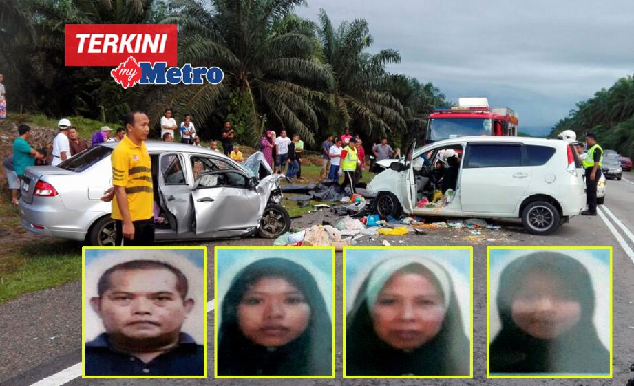 (dari kiri) Md Shafi'i, Siti Nurullfarhah, Asnah dan Nora Atika yang maut dalam kemalangan di Kilometer 77 Jalan Kota Tinggi-Mersing berhampiran FELCRA Sungai Ara, Kota Tinggi, petang tadi. FOTO Ahmad Othman