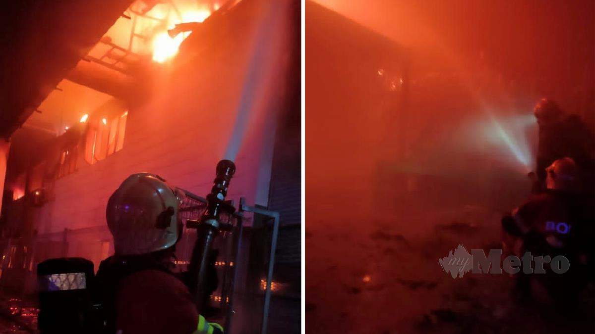 ANGGOTA bomba memadamkan kebakaran kilang. FOTO ihsan Bomba