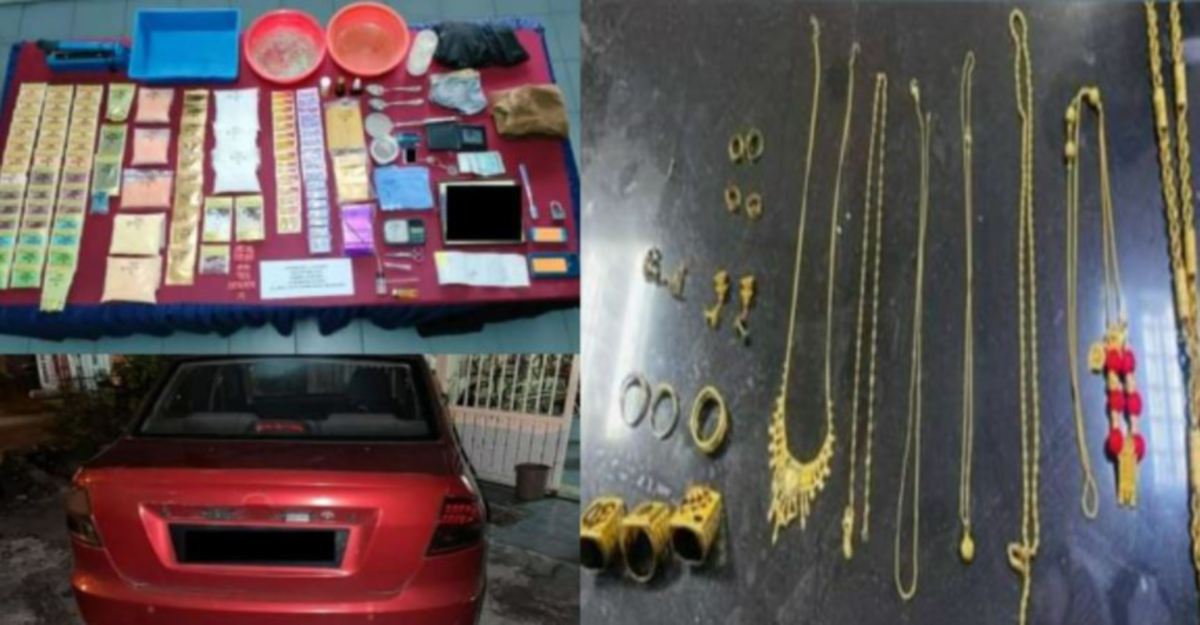 ANTARA dadah, barang kemas dan kereta yang dirampas polis dalam dua serbuan di Sitiawan dan Kampar semalam. FOTO Ihsan Polis.