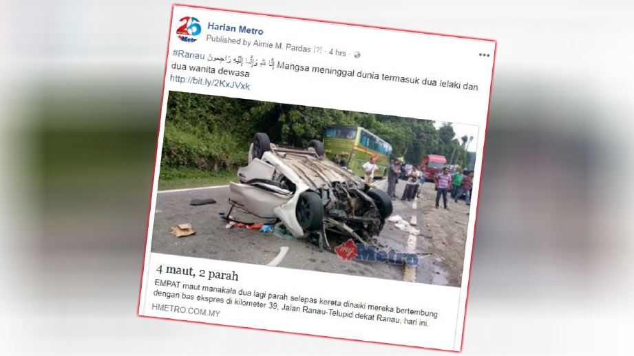 LAPORAN portal berita Harian Metro mengenai kemalangan membabitkan kereta dinaiki keluarga mangsa dengan bas ekspres, hari ini. 