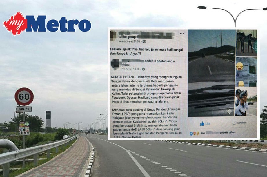 PAPAN tanda had laju 60KM sejam di Jalan Sungai Petani-Kuala Ketil berhampiran pejabat OSK Properties dan status di FB yang tular. FOTO Omar Osman