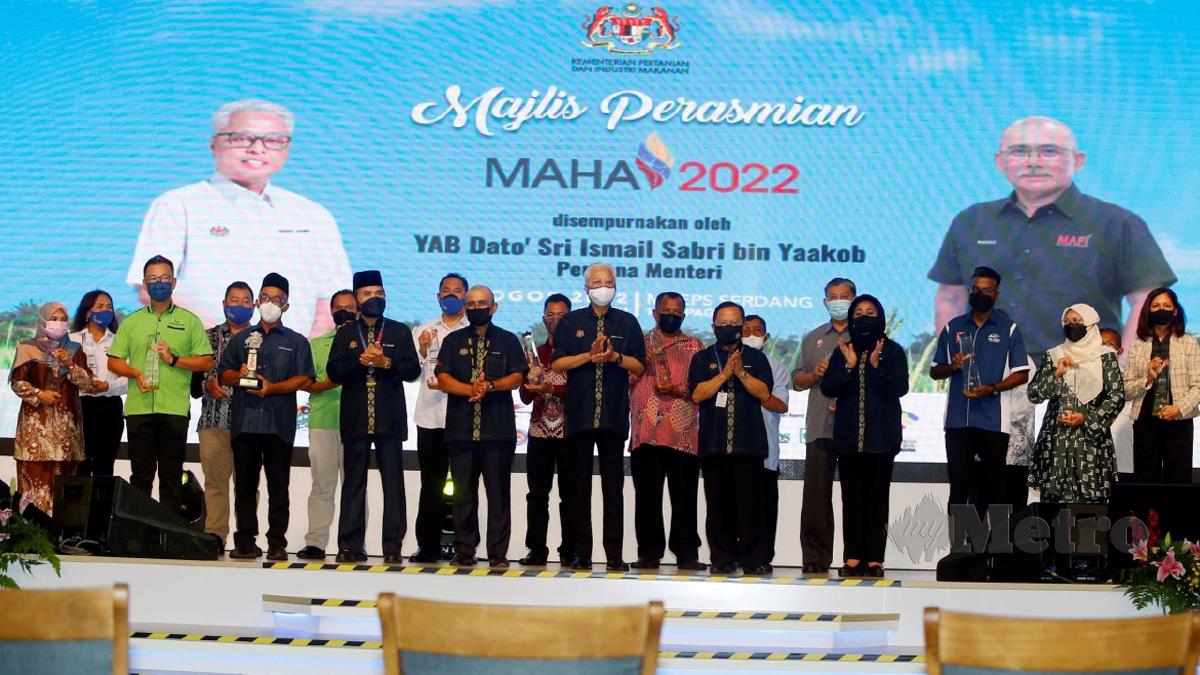 ISMAIL Sabri (tengah) diiringi Ronald (depan, lima kiri) bergambar bersama pemenang anugerah ketika majlis perasmian Pameran Maha. FOTO Hairul Anuar Rahim