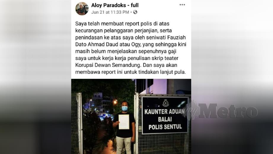 PERKONGSIAN Aloy di media sosial selepas membuat laporan polis terhadap Ogy. FOTO ihsan pembaca