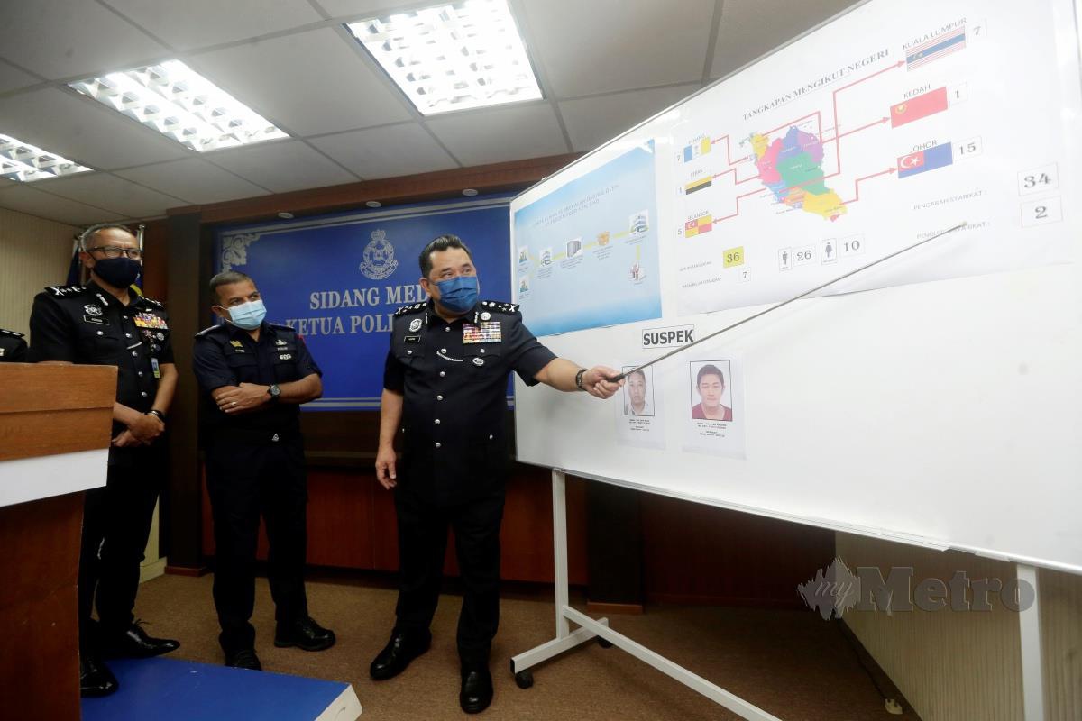 HUZIR menunjukkan carta tangkapan mengikut negeri pada sidang media di Ibu Pejabat Polis Kontinjen (IPK) Johor, Johor Bahru. FOTO Nur Aisyah Mazalan