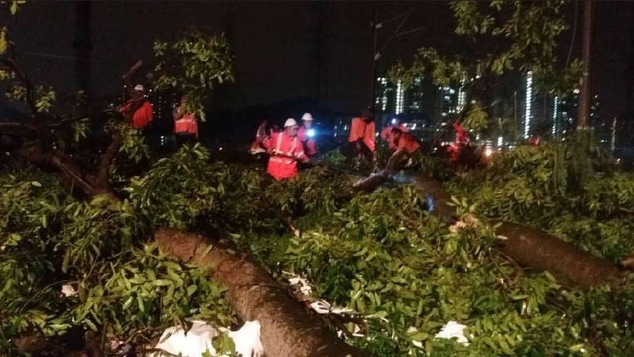KERJA mengalihkan pokok tumbang oleh kakitangan KTMB dengan kerjasama Jabatan Bomba. FOTO Twitter KTMB