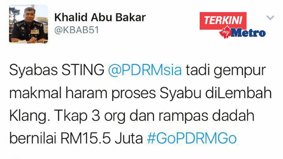 KEJAYAAN pasukan STING itu dipuji dan dikongsi oleh Ketua Polis Negara, Tan Sri Khalid Abu Bakar menerusi akaun Twitternya.