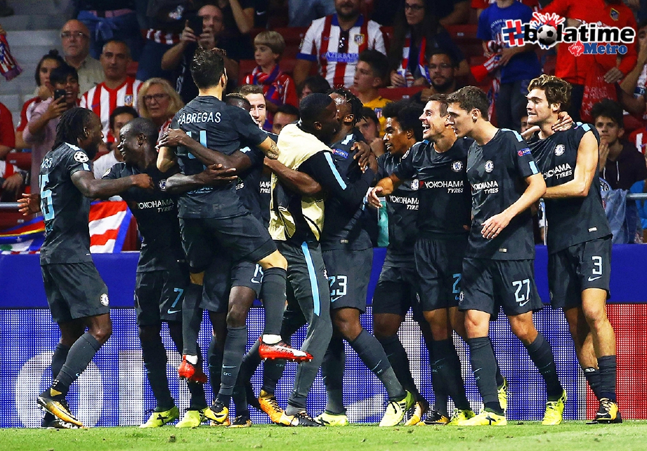 PEMAIN Chelsea kegembiraan selepas menang ke atas Atletico. - Foto EPA