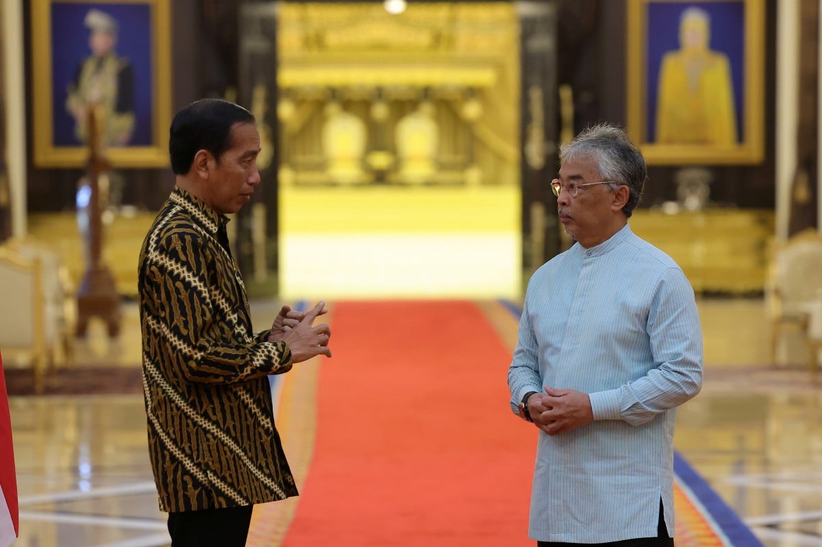 AL-SULTAN Abdullah berkenan beramah mesra dengan Presiden Indonesia Joko Widodo ketika menerima menghadap di Istana Negara hari ini. FOTO Bernama.
