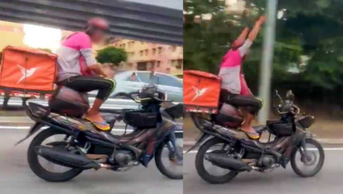 TANGKAP layar daripada video tular yang menunjukkan aksi lelaki yang menunggang motosikal secara berbahaya.