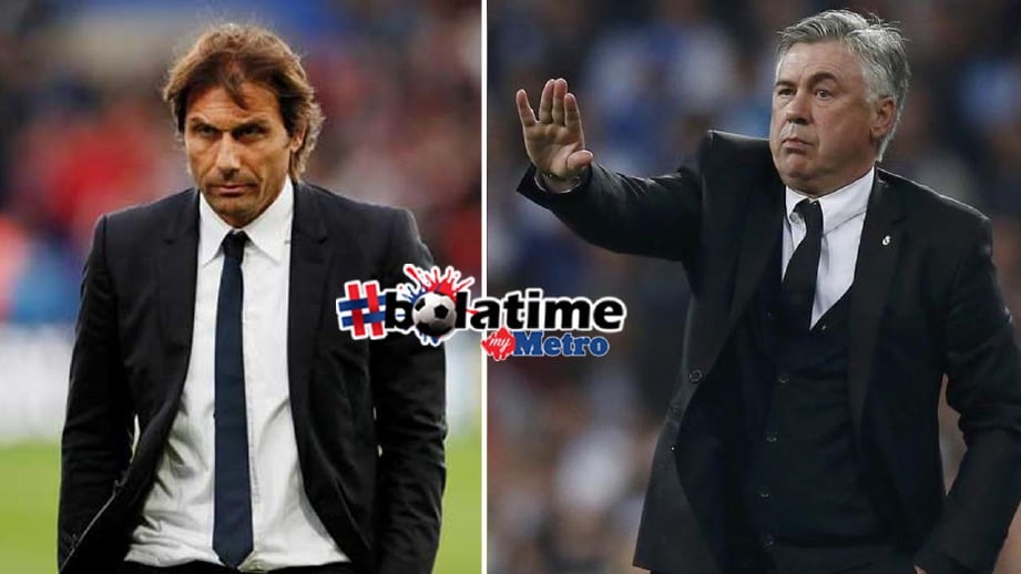 Tugas Conte (kiri) akan diambil alih oleh Ancelotti. FOTO REUTERS