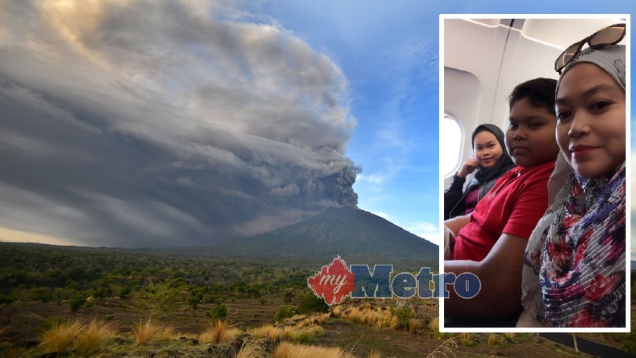 NOR Aziah bersama Aisyah dan Adam (gambar kecil) ketika dalam penerbangan ke Lombok sebelum pesawat itu berpatah balik dan penerbangan dibatalkan akibat letusan Gunung Agung. FOTO AFP dan ihsan Nor Aziah