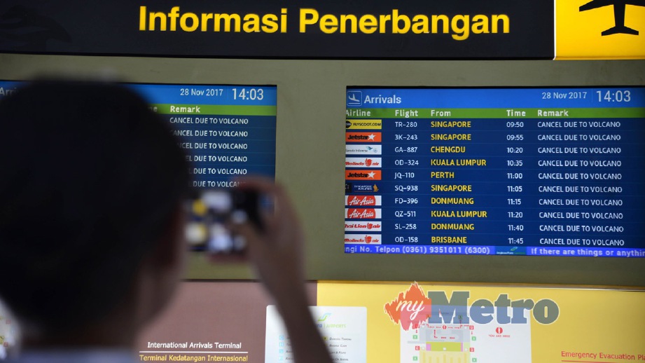 MAKLUMAT pembatalan penerbangan akibat letusan Gunung Agung di Lapangan Terbang Antarabangsa Ngurah Rai di Denpasar, Bali. FOTO AFP