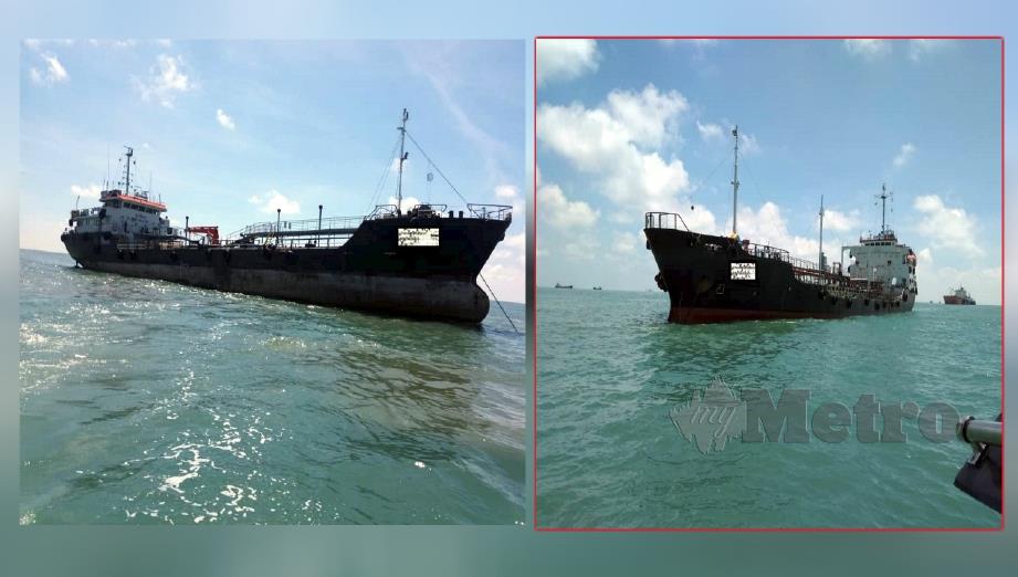 MARITIM Malaysia Zon Maritim Tanjung Sedili menahan dua kapal tangki di Tanjung Penyusop, sekitar perairan Pengerang, Kota Tinggi, pagi tadi. FOTO Ihsan Maritim Malaysia