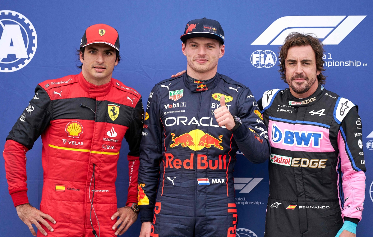 VERSTAPPEN (tengah) bersama  Leclerc (kiri)  dan Alonso di Montreal. FOTO AFP