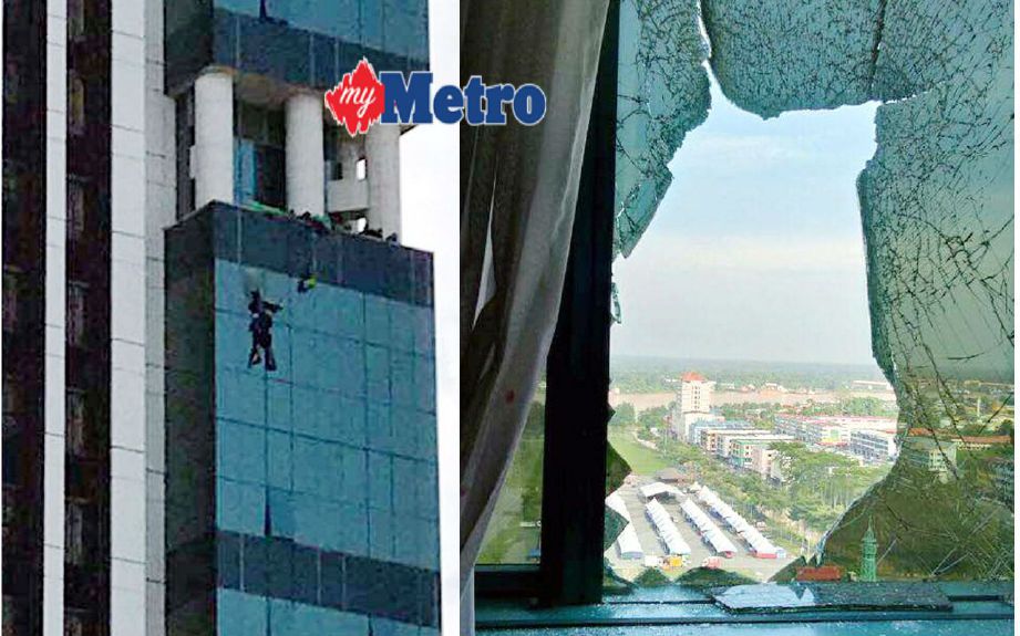 Penerjun BASE dari Australia nyaris maut ketika melakukan terjunan selepas merempuh dinding kaca tingkat 15 bangunan Wisma Sanyan di Sibu. (Gambar kanan) Kesan rempuhan penerjun Australia. FOTO dari FB