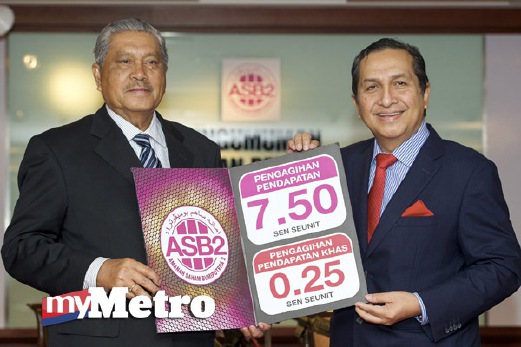 AHMAD Sarji (kiri) bersama Presiden dan Ketua Eksekutif Kumpulan PNB Tan Sri Hamad Kama Piah (kanan) menunjukkan jumlah pengagihan pendapatan. FOTO Bernama