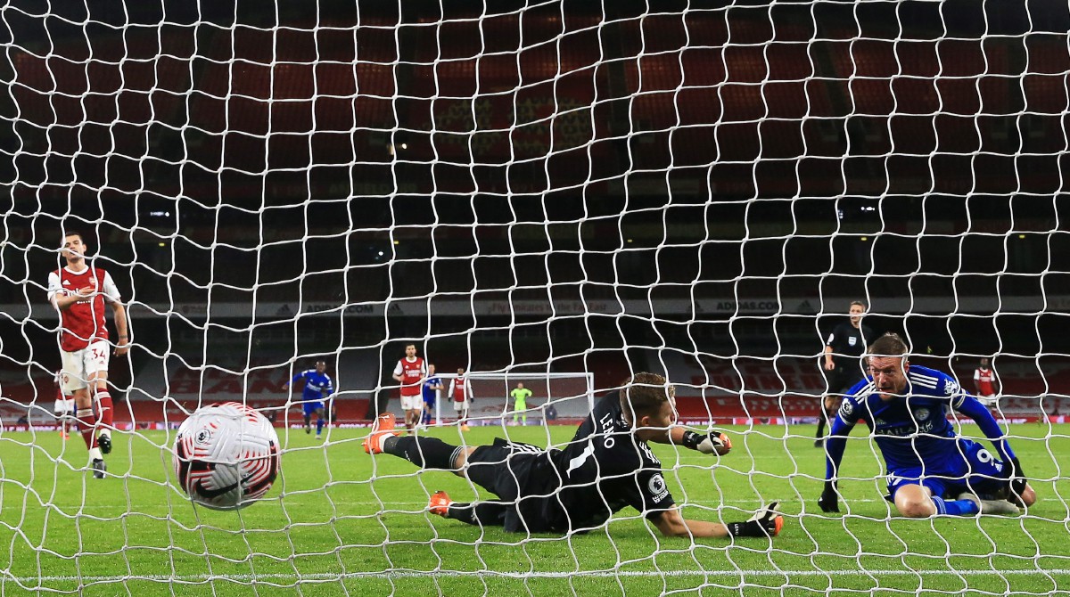 JARINGAN kemenangan Leicester menerusi Vardy pada minit ke-80. FOTO AFP 