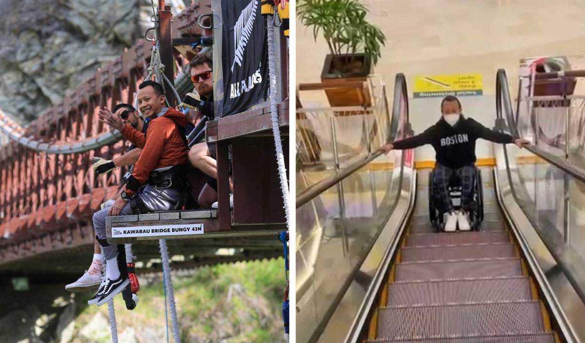 AKSI dilakukan Nur Izhar ketika melakukan bungy jump (kiri) dan perkongsian cara menggunakan kerusi roda ketika turun dari eskalator. FOTO Ihsan Nur Izhar Idham