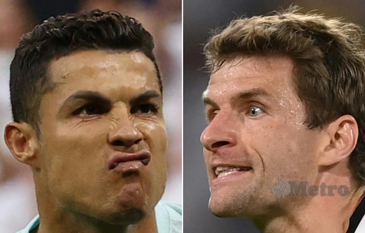 GAMBAR kombinasi penyerang Portugal, Cristiano Ronaldo (kiri) dan penyerang Jerman, Thomas Mueller menjelang pertembungan kedua-dua pasukan pada Sabtu ini. FOTO AFP