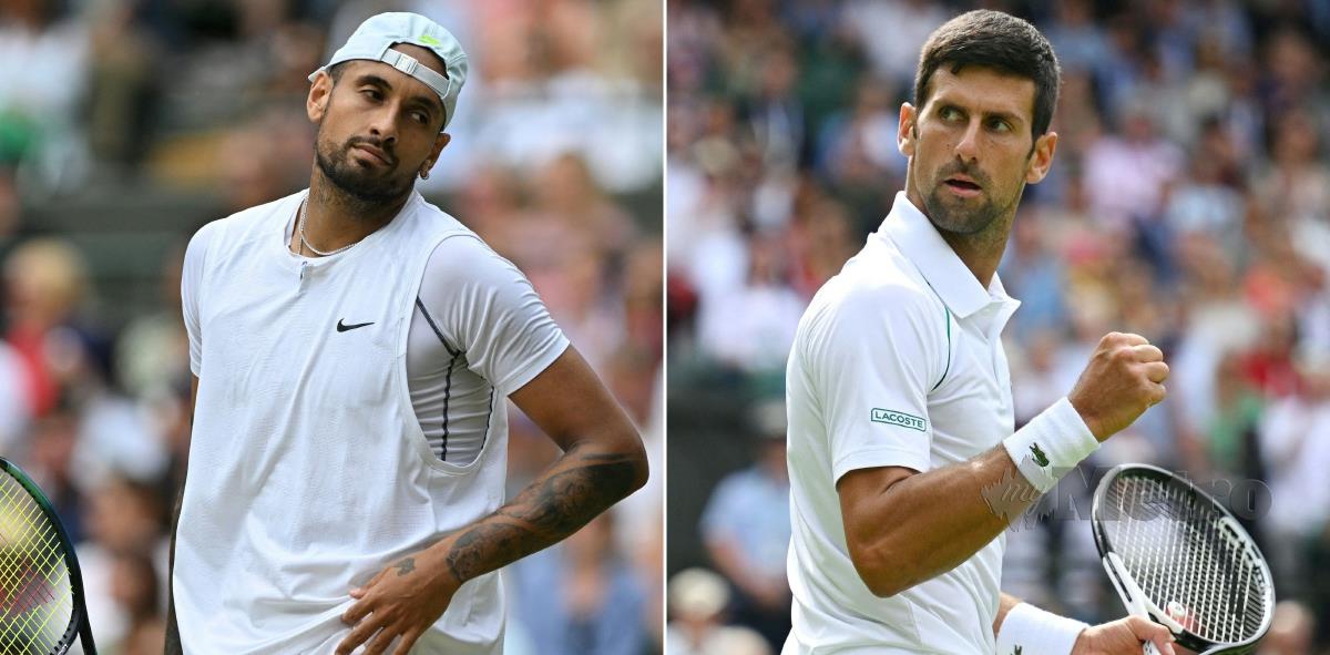 PEMAIN Australia, Nick Kyrgios (kiri) akan berentap dengan Novak Djokovic di final Wimbledon, hari ini. FOTO AFP 