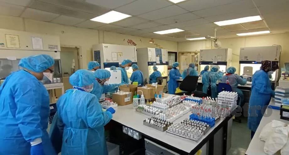 KAKITANGAN Jabatan Kesihatan Sabah menguji sampel pengesahan Covid-19 di makmal di Kota Kinabalu. 