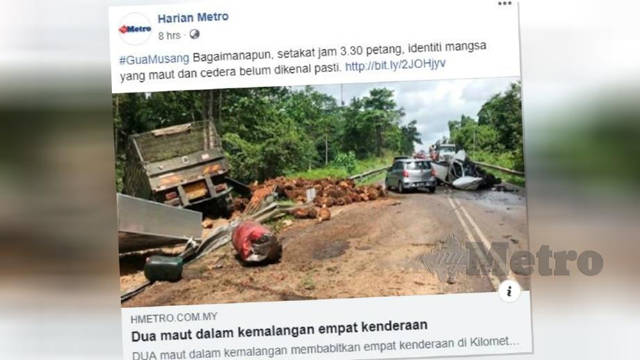 LAPORAN portal Harian Metro mengenai kemalangan membabitkan lima kenderaan di Kilometer 72.5 Jalan Gua Musang-Kuala Krai, petang semalam. 