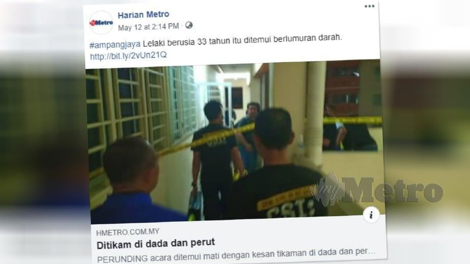 Laporan portal Harian Metro mengenai lelaki dijumpai terbunuh di kediamannya di Residensi Bistari, Ukay Perdana, Ampang, 12 Mei lalu.