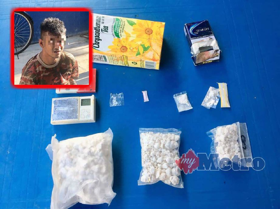 DADAH jenis heroin yang ditemui polis daripada seorang lelaki warga Myanmar yang melarikan diri ketika sekatan polis. Gambar kecil, suspek berusia 35 tahun. NSTP/IHSAN PDRM