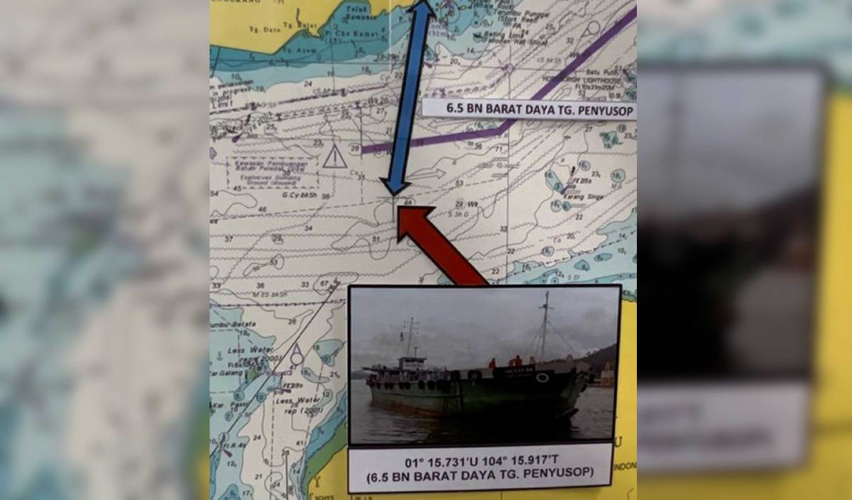 LOKASI terakhir Automatic Identification System (AIS) kapal Kargo MV Dai Cat 06 dikesan pada 1 Januari 2023 di 0.2 batu nautika dari sempadan perairan negeri Johor. FOTO Ihsan APMM