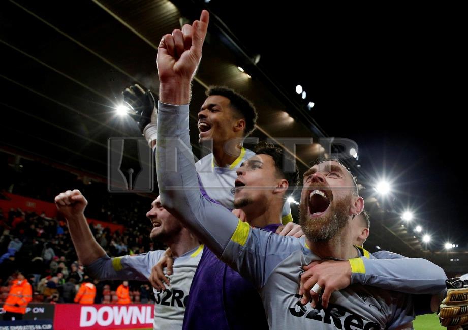 PEMAIN Derby meraikan kejayaan selepas menewaskan Southampton dalam penentuan penalti. FOTO/AFP