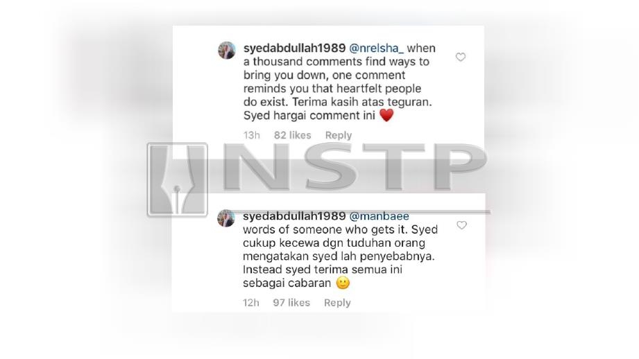 STATUS terkini yang dimuat naik Syed Abdullah di Instagram. FOTO Instagram Syed Abdullah