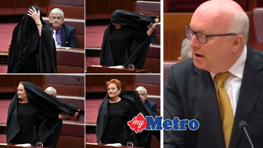 (KIRI) TINDAKAN Hanson memakai burka di Parliament House dikecam Brandis. FOTO EPA