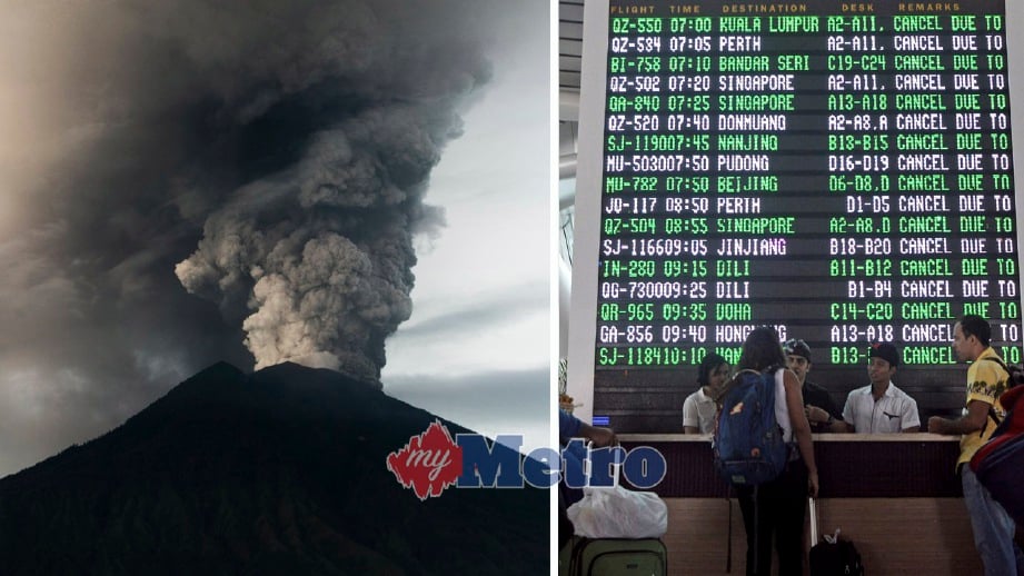 PENUMPANG mendapat maklumat berhubung penerbangan mereka selepas Lapangan Terbang Antarabangsa Ngurah Rai di Bali ditutup akibat letusan Gunung Agung. FOTO EPA, Reuters/Antara Foto