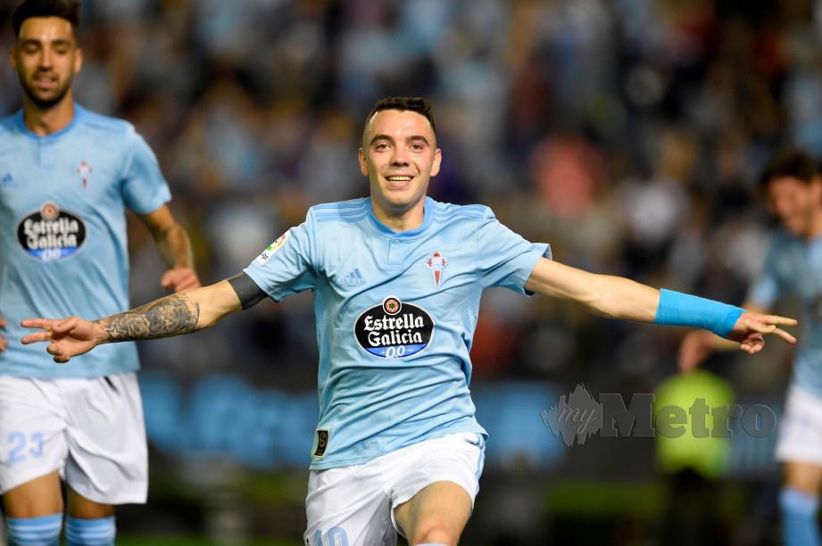 REAKSI Aspas selepas menjaringkan gol kedua Celta di  Stadium Balaidos,   Vigo. - FOTO AFP