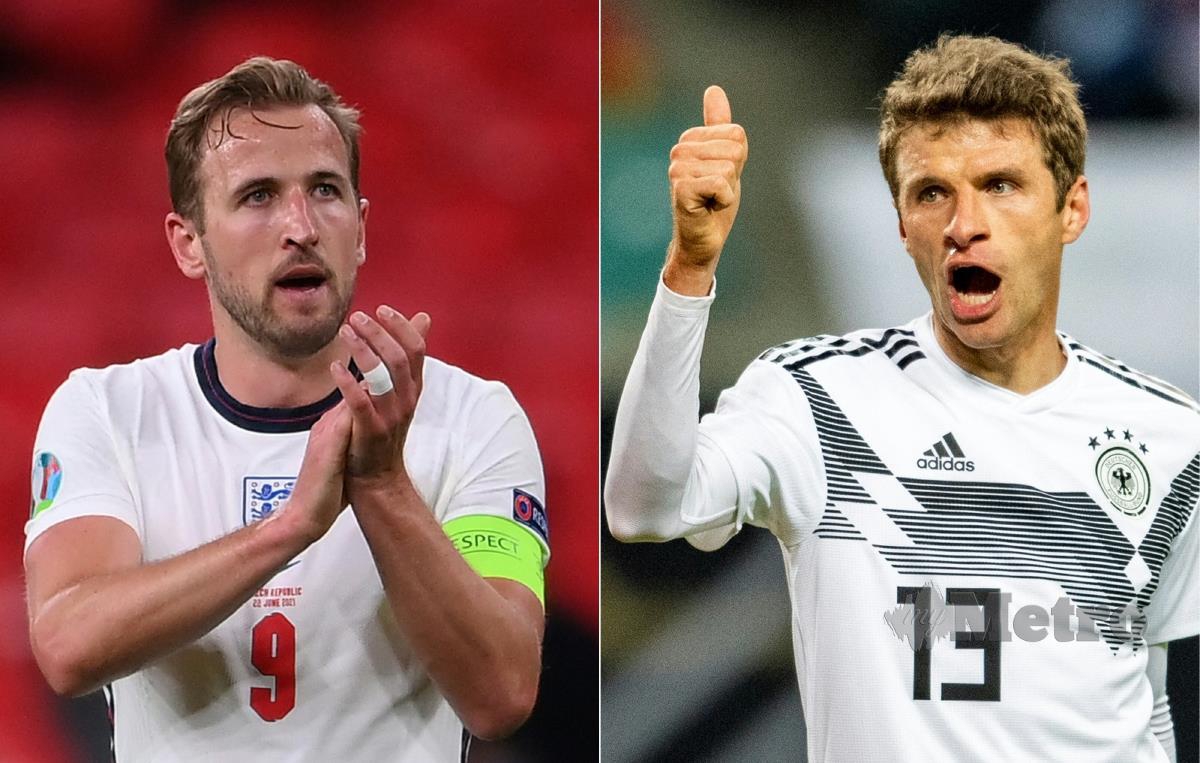 GAMBAR kombinasi kapten England, Harry Kane (kiri) bersama bintang Jerman, Thomas Mueller menjelang perlawanan kedua-dua pasukan di Wembley, esok. FOTO AFP