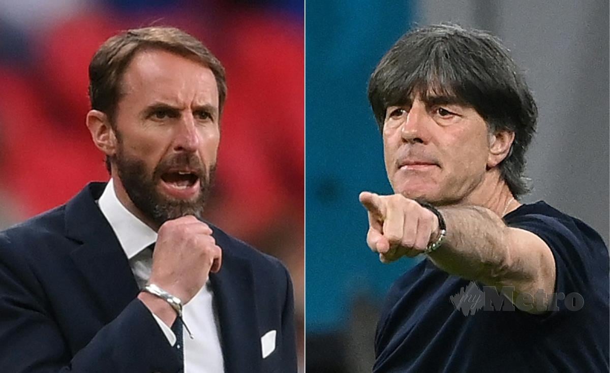 PERCATURAN jurulatih England, Gareth Southgate (kiri) dan pengendali Jerman, Joachim Loew akan menentukan pasukan mara ke suku akhir Euro 2020, hari ini. - FOTO AFP