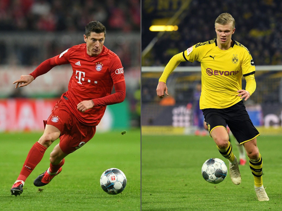 Penyerang Bayern Munich, Robert Lewandowski (kiri) dan bintang Dortmund, Erling Braut Haaland jadi tumpuan menjelang pertembungan kedua-dua kelab gergasi Bundesliga itu. FOTO AFP