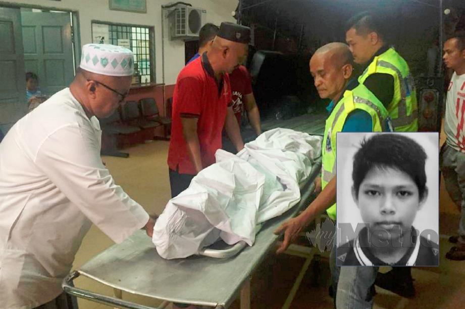 MAYAT Mohammad Firdaus (gambar kecil) dihantar ke Hospital Tengku Anis, Pasir Puteh untuk bedah siasat.  FOTO Nor Amalina Alias
