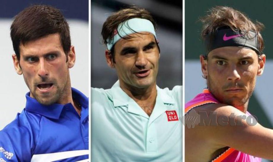 (Dari kiri) Djokovic, Federer, Nadal bakal berentap di Terbuka Australia. FOTO Agensi