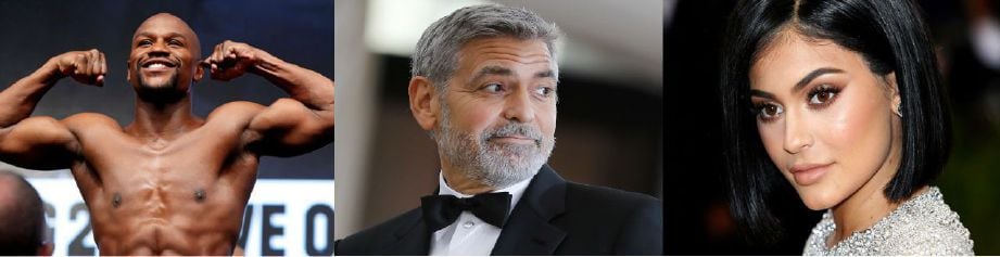 (Dari kiri) Mayweather, Clooney dan Jenner menduduki carta tiga teratas penghibur dengan pendapatan tertinggi dunia oleh Forbes Celebrity 100. Foto/REUTERS 