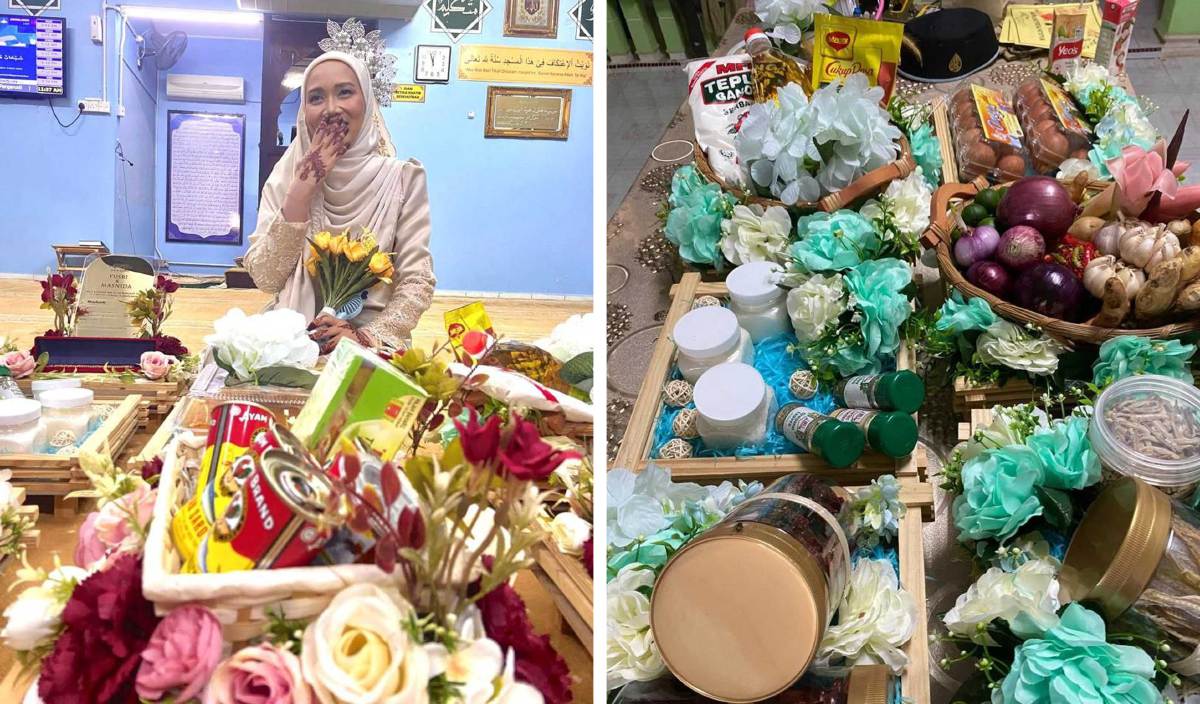 SITI Masnida bersama dulang hantaran unik berupa barang keperluan dapur yang digubah sendiri. FOTO Ihsan Siti Masnida Abdul Malek