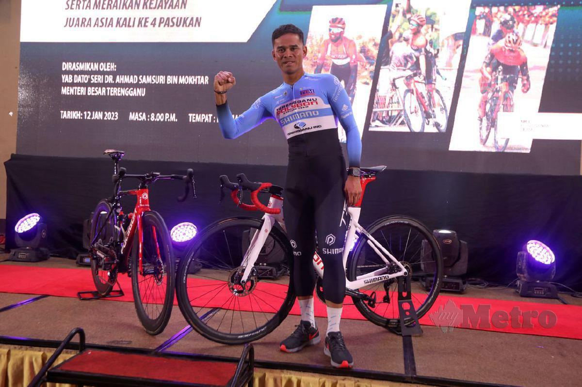 HARRIF pada majlis Pelancaran dan Memperkenalkan Pelumba, serta Meraikan Kejayaan Selaku Juara Jelajah Asia UCI 2022 di Permai Hotel. -FOTO Ghazali Kori 