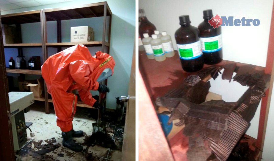 LIMPAHAN asid sulfurik di lantai makmal dibersihkan anggota HAZMAT. Gambar kanan, rak menyimpan botol asid sulfurik terhakis. FOTO NSTP