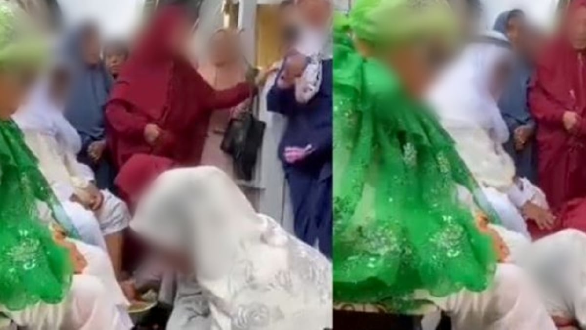 TANGKAP layar daripada video di media sosial memaparkan beberapa wanita meminum air basuhan kaki jemaah haji. 